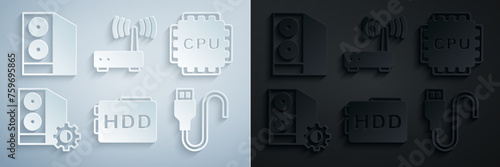 Set Hard disk drive HDD, Processor with CPU, Case of computer, USB cable cord, Router and wi-fi signal and icon. Vector