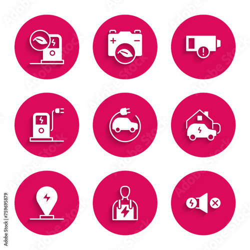 Set Electric car, Car mechanic, motor, Charging at home, parking electric, charging station, Low battery and icon. Vector
