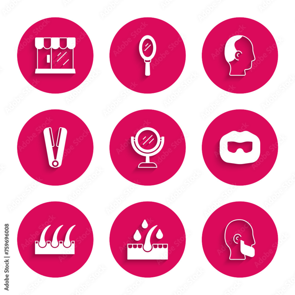 Set Hand mirror, Oil for hair care treatment, Mustache beard, Human follicle, Curling iron, Baldness and Barbershop building icon. Vector Set Hand mirror, Oil for hair care treatment, Mustache beard, Human follicle, Curling iron, Baldness and Barbershop building icon. Vector