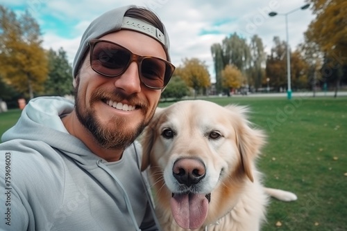 Selfie of a man with a dog in the park Generative AI