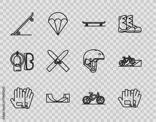 Set line Gloves, Skateboard, park, Ski and sticks, Bicycle and on street ramp icon. Vector