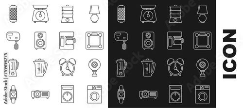 Set line Washer, Web camera, Bathroom scales, Double boiler, Stereo speaker, Electric mixer, and Coffee machine with glass pot icon. Vector