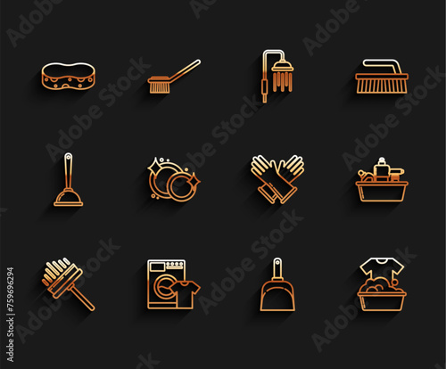 Set line Squeegee, scraper, wiper, Washer and t-shirt, Sponge, Dustpan, Plastic basin with soap suds, Washing dishes, bottles for liquid dishwashing liquid and Rubber gloves icon. Vector