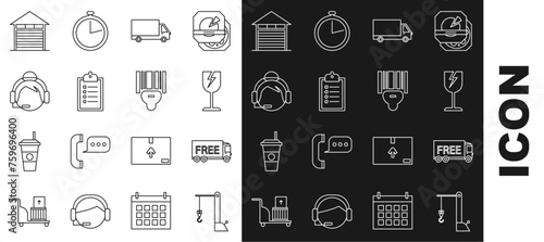 Set line Harbor port crane, Delivery cargo truck vehicle, Verification of list clipboard, Support operator in touch, Closed warehouse and Scanner scanning bar code icon. Vector