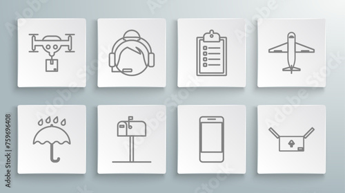 Set line Umbrella and rain drops, Open mail box, Mobile phone with app delivery tracking, Cardboard traffic symbol, Verification of list clipboard, Plane and Delivery drone the package icon. Vector