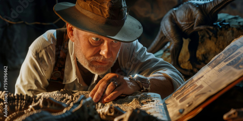 An archaeologist in attire reminiscent of the bygone era, examining ancient relics and fossils with a look of intrigue