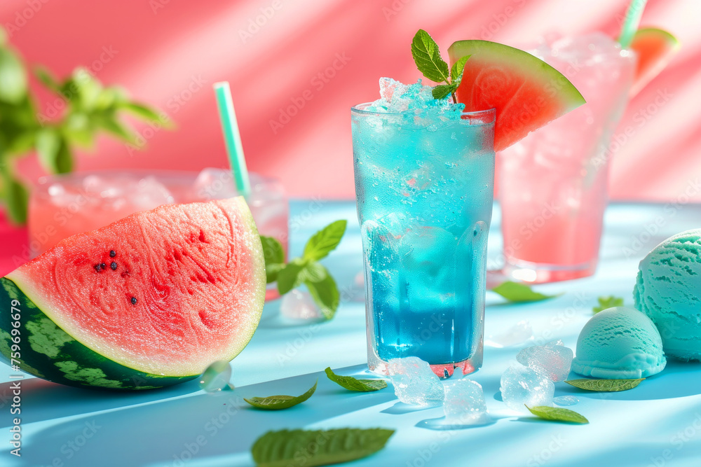 glass of pink watermelon juice with a mint leaf on top. There are also two other glasses of watermelon juice on the table. Summer food and drinks mockup with a watermelon slice, ice cream, cold drink glass of pink watermelon juice with a mint leaf on top. There are also two other glasses of watermelon juice on the table. Summer food and drinks mockup with a watermelon slice, ice cream, cold drink