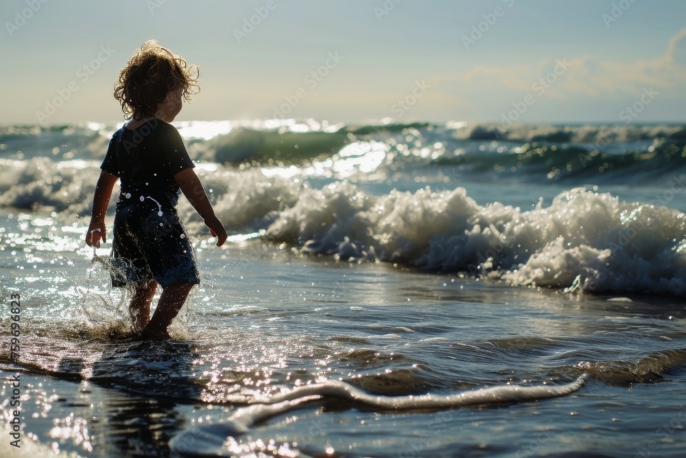 Fototapeta premium A little kid at the beach playing alone.