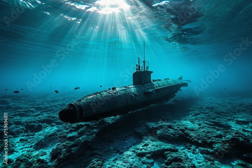 A large submarine swimming under water. photo