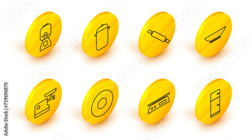 Set line Refrigerator, Electronic scales, Plate, Kitchen meat grinder, Bowl, Rolling pin, Cooking pot and Blender icon. Vector
