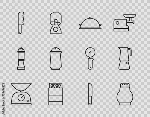 Set line Scales, Salt and pepper, Covered with tray of food, Open matchbox matches, Bread knife, Knife and Moka pot icon. Vector