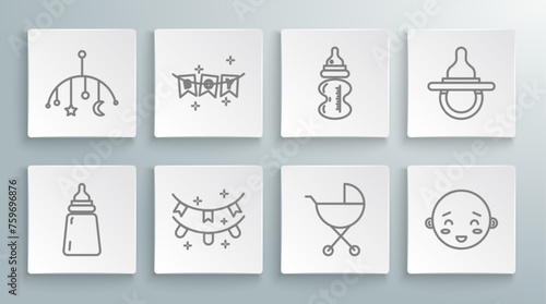 Set line Baby bottle, Carnival garland with flags, stroller, Happy little boy head, dummy pacifier and crib hanging toys icon. Vector