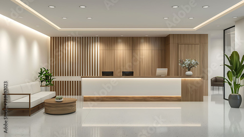Modern Clinic of a Doctor with Sleek reception area with comfortable seating for patients, minimalist desk for receptionist.