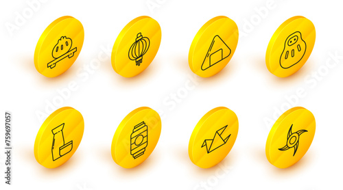 Set line Japanese ninja shuriken, Origami bird, paper lantern, Traditional tea ceremony, Maneki neko cat, Sushi, and Dumpling cutting board icon. Vector