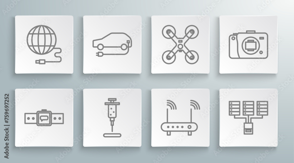 Set line Smartwatch, Electric car, Syringe, Router and wi-fi signal, Server, Data, Web Hosting, Drone flying, Mirrorless camera and Social network icon. Vector Set line Smartwatch, Electric car, Syringe, Router and wi-fi signal, Server, Data, Web Hosting, Drone flying, Mirrorless camera and Social network icon. Vector