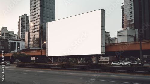 Large billboard mock up with empty space in an urban setting during dusk.