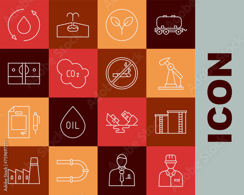 Set line Oilman, industrial factory building, pump pump jack, Bio fuel, CO2 emissions cloud, Stacks paper money cash, drop and No Smoking icon. Vector