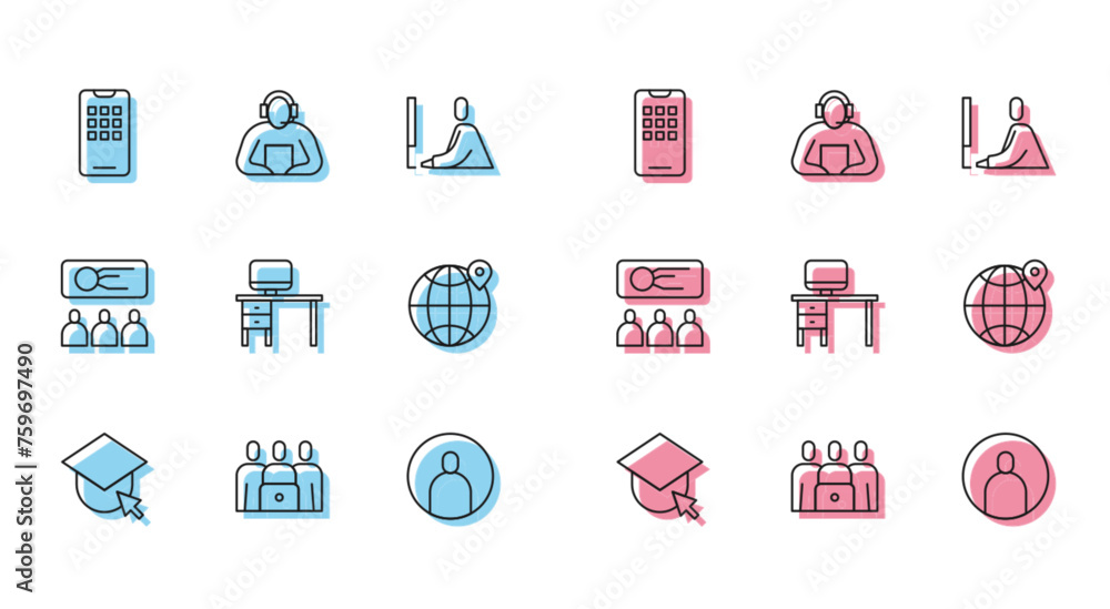 Set line Graduation cap on globe, Online class, Mobile phone, Create account screen, Computer monitor and desk, Location the, Training, presentation and Student icon. Vector Set line Graduation cap on globe, Online class, Mobile phone, Create account screen, Computer monitor and desk, Location the, Training, presentation and Student icon. Vector