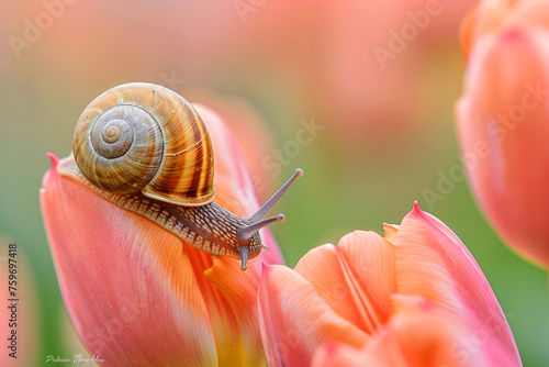 A snail is on a pink flower. small tiny snail on a tulip, macro photo spring vibes