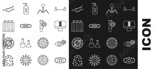 Set line Medical protective mask, Reddish eye due to virus, DNA spiral and computer, Bacteria bacteriophage, Blood test, Ebola disease and Test tube with icon. Vector