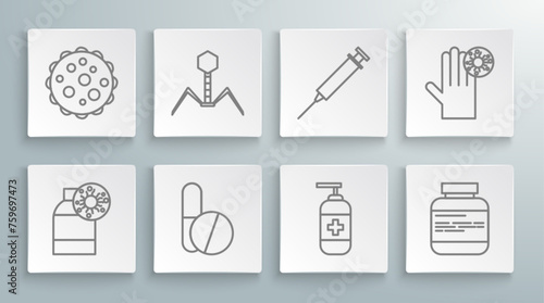 Set line Bottle with virus, Bacteria bacteriophage, Medicine pill or tablet, of liquid antibacterial soap, bottle and pills, Syringe, Hand and Virus icon. Vector