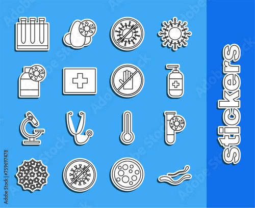Set line Ebola virus disease, Test tube with, Bottle of liquid antibacterial soap, Stop, First aid kit, Blood test and and No handshake icon. Vector