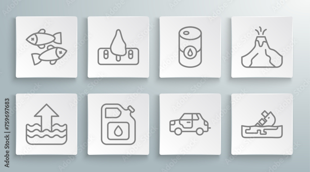 Set line Rise in water level, Deforestation, Canister gasoline, Car, Wrecked oil tanker ship, Barrel, Volcano eruption with lava and Dead fish icon. Vector Set line Rise in water level, Deforestation, Canister gasoline, Car, Wrecked oil tanker ship, Barrel, Volcano eruption with lava and Dead fish icon. Vector