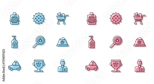 Set line Pet car taxi, award, carry case, Veterinarian doctor, Flea search, food bowl, shampoo and Tennis ball icon. Vector