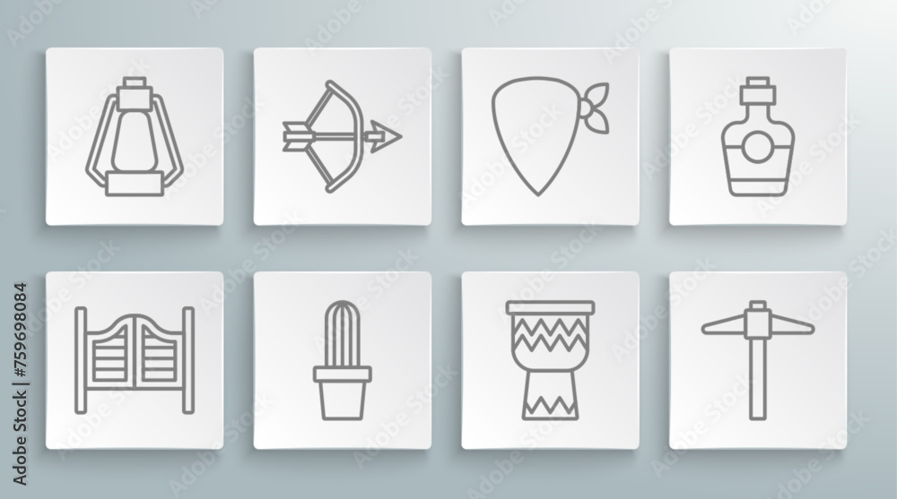 Set line Saloon door, Bow and arrow in quiver, Cactus peyote pot, Drum, Pickaxe, Cowboy bandana, Tequila bottle and Camping lantern icon. Vector Set line Saloon door, Bow and arrow in quiver, Cactus peyote pot, Drum, Pickaxe, Cowboy bandana, Tequila bottle and Camping lantern icon. Vector