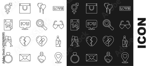 Set line Location with heart, Champagne bottle, Heart shaped love glasses, Balloons in form of, Speech bubble I you, Calendar February 14, Gender and Search and icon. Vector