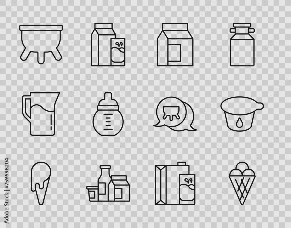 Set line Ice cream in waffle cone, Paper package for milk, Milk product, Udder, Baby bottle, and Yogurt container icon. Vector Set line Ice cream in waffle cone, Paper package for milk, Milk product, Udder, Baby bottle, and Yogurt container icon. Vector