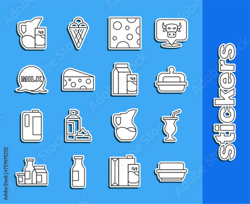 Set line Butter in a butter dish, Milkshake, Cheese, Lettering milk, jug or pitcher and glass and Paper package for kefir icon. Vector