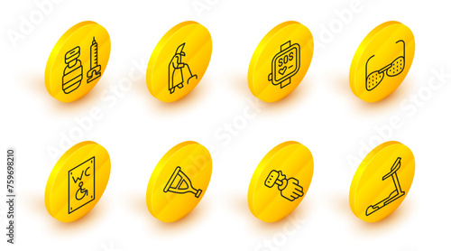 Set line Treadmill machine, Prosthesis hand, Crutch or crutches, Separated toilet for disabled, Blind glasses, Smart watch, Grandmother and Syringe icon. Vector
