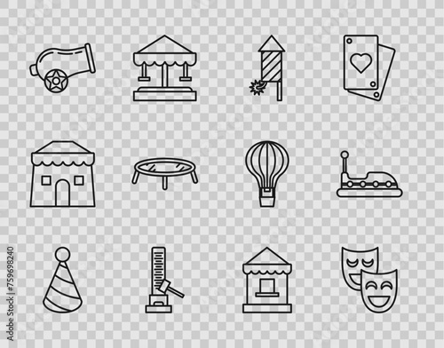 Set line Party hat, Comedy theatrical masks, Firework rocket, High striker attraction with big hammer, Cannon, Jumping trampoline, Ticket box office and Bumper car icon. Vector