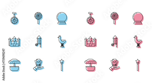 Set line Attraction carousel, Hand holding playing cards, Unicycle or one wheel bicycle, Magic wand, Firework rocket, Riding kid duck, Castle and Lollipop icon. Vector