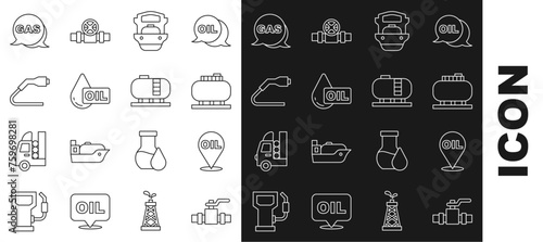 Set line Metallic pipes and valve, Refill petrol fuel location, Oil tank storage, tanker ship, drop, Electrical cable plug charging, Location gas station and icon. Vector