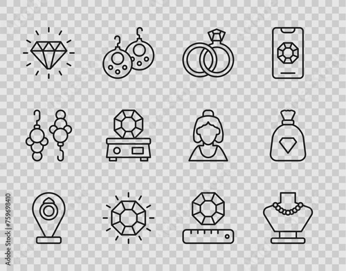 Set line Jewelry store, Necklace on mannequin, Wedding rings, Diamond, Gem stone, and Bag with gems icon. Vector