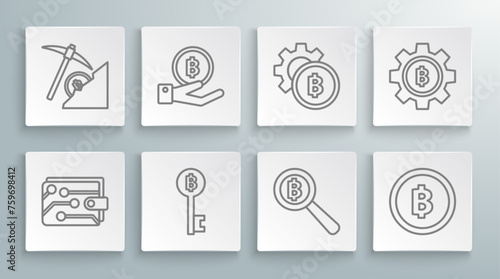 Set line Cryptocurrency wallet, Hand holding Bitcoin, key, Magnifying glass with, and cloud mining icon. Vector
