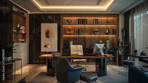 Modern Chamber of a Lawyer with Neutral color scheme with pops of deep blue or burgundy for a professional ambiance.