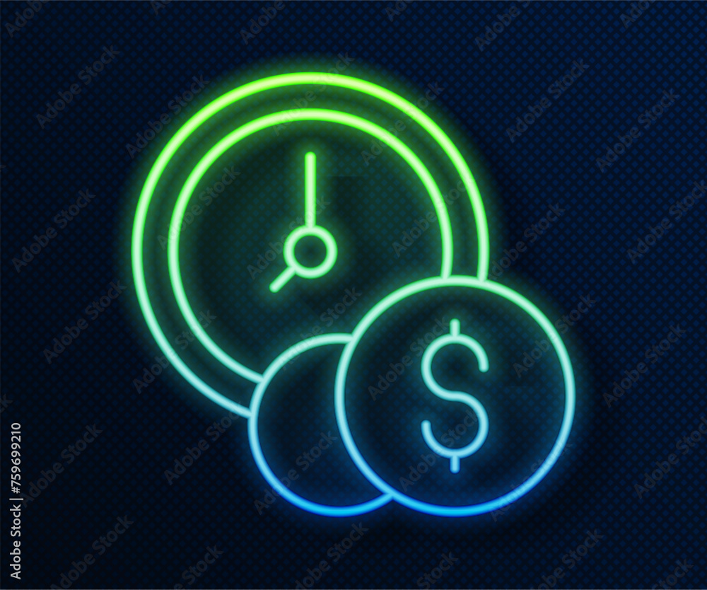 Glowing neon line Time is money icon isolated on blue background. Money is time. Effective time management. Convert time to money. Vector Glowing neon line Time is money icon isolated on blue background. Money is time. Effective time management. Convert time to money. Vector