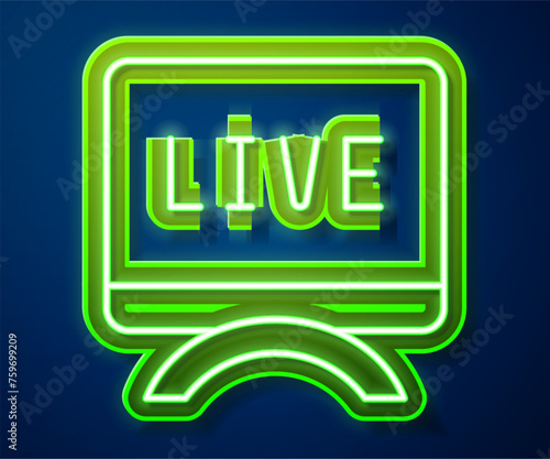 Glowing neon line Live report icon isolated on blue background. Live news, hot news. Vector