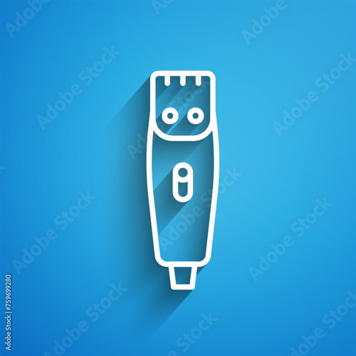 White line Electrical hair clipper or shaver icon isolated on blue background. Barbershop symbol. Long shadow. Vector