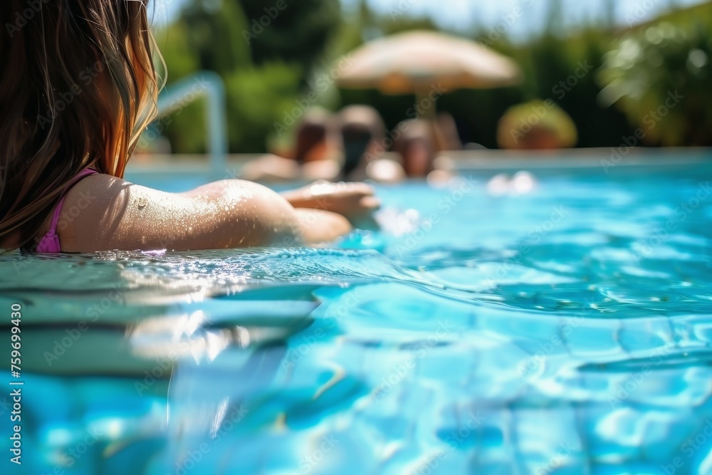Obraz premium A swimming pool with some hot women in the blurred background.