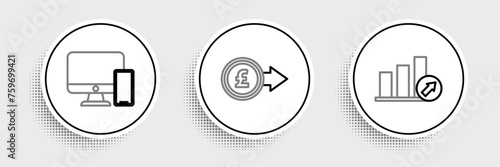 Set line Presentation financial with graph, schedule, chart, diagram, infographic, pie graph, Computer monitor and mobile phone and Coin money pound sterling symbol icon. Vector