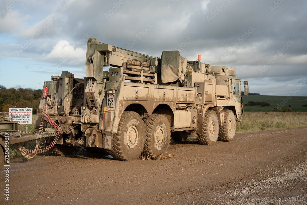 British army MAN SVR (Support Vehicle Recovery) 8x8 Truck pulling a trailer, Wiltshire UK British army MAN SVR (Support Vehicle Recovery) 8x8 Truck pulling a trailer, Wiltshire UK