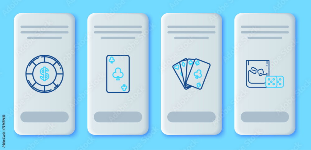 Set line Playing card with clubs symbol, cards, Casino chip dollar and Game dice and glass of whiskey ice cubes icon. Vector
