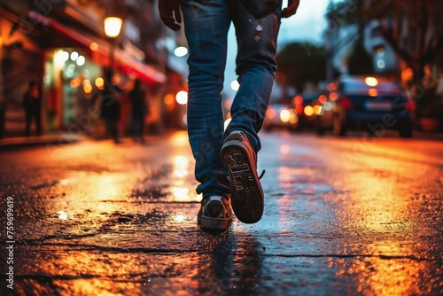 Male legs in jeands walking along a street. photo