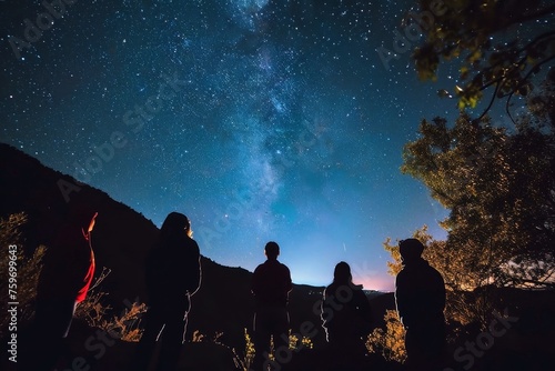 People look up at the night sky with stars in amazement.