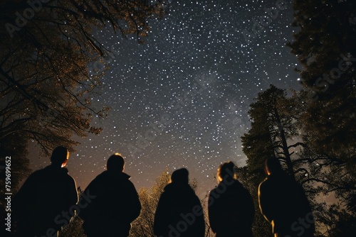 People look up at the night sky with stars in amazement. photo