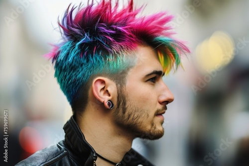 Portrait of a man with a colorful punk haircut. photo